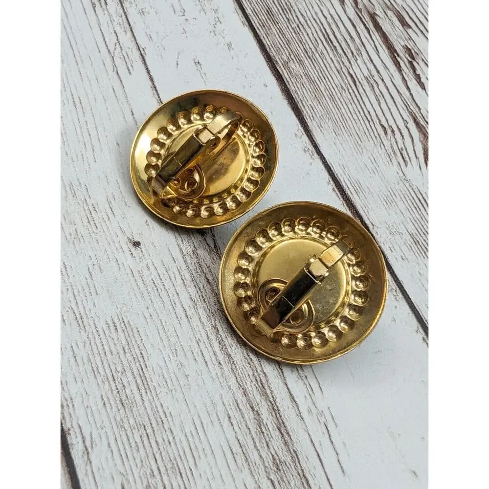 Vintage Clip On Earrings Large Black & Brassy Gold Tone Just Under 1